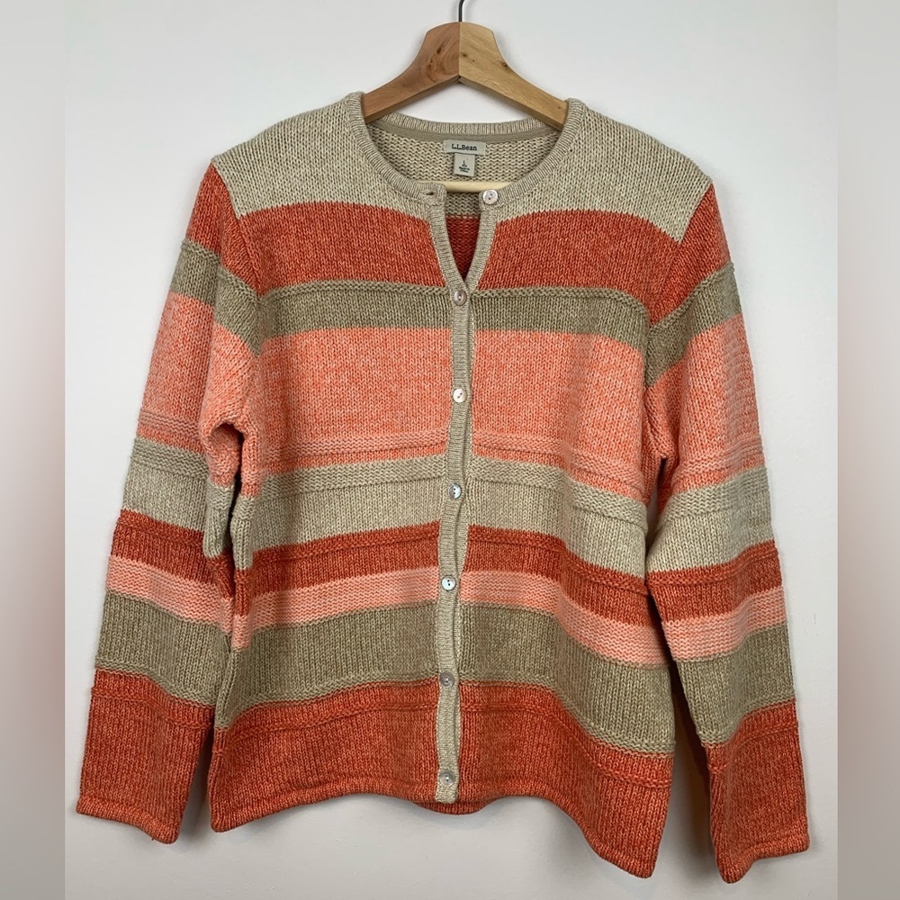 L.L. Bean Striped Cardigan in Coral, Pink & Tan